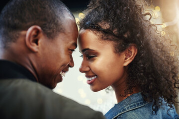 Happy couple, smile and love on date for connection, relationship and romance with bonding on weekend. Man, woman and together for anniversary, valentines day and care with partner, trust and support