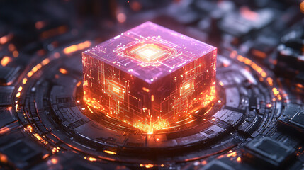 glowing cube with intricate data patterns and circuit lines floating against a dark background, symbolizing advanced technology, data processing, and the digital world