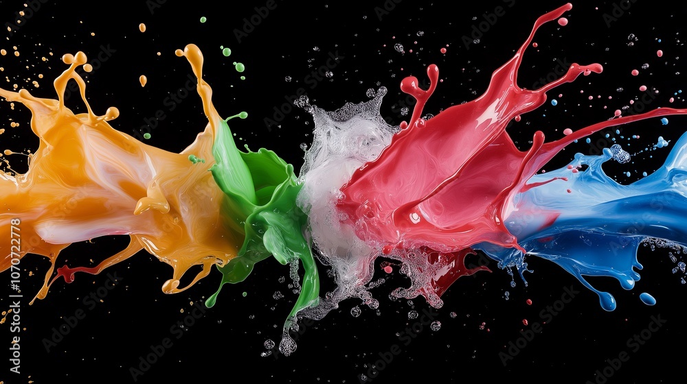 Poster colorful abstract splashes on matte black canvas