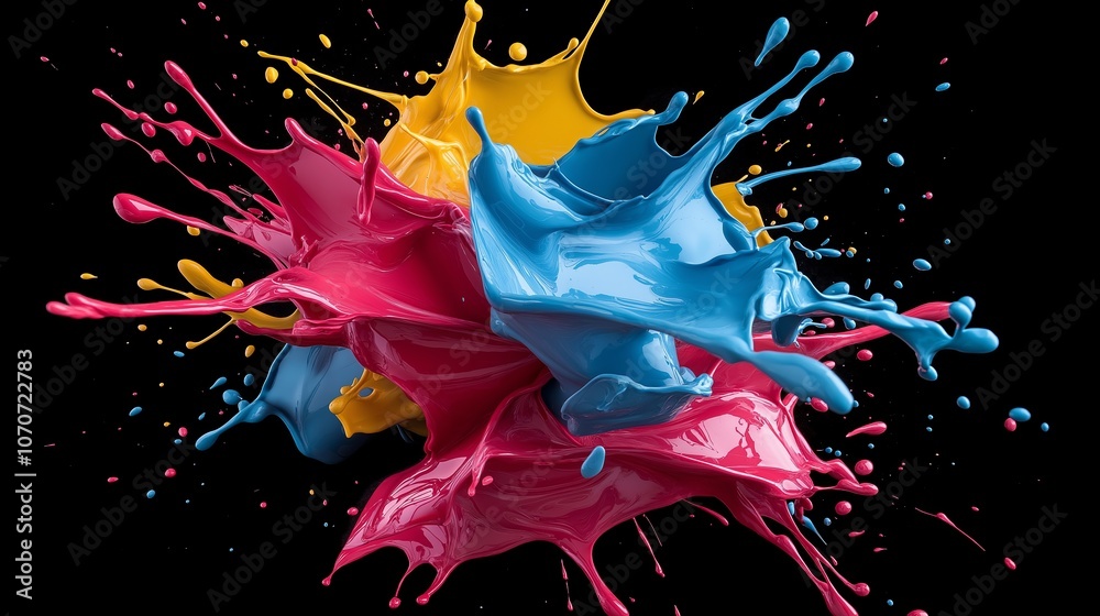 Poster colorful abstract splashes on matte black canvas