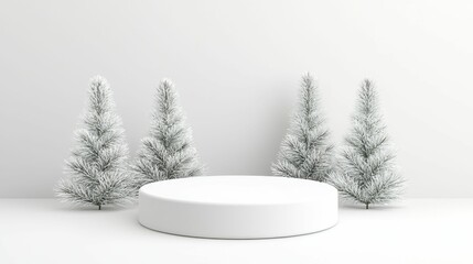 Fototapeta premium A minimalist winter scene featuring a white platform surrounded by frosted evergreen trees against a simple white background.