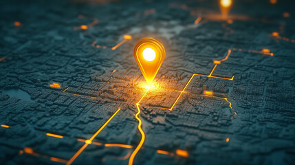 glowing location pin on an interactive digital map, symbolizing precision, connectivity, and navigation in modern technology. The vibrant display highlights data-driven exploration and spatial awarene