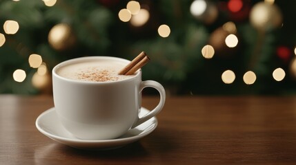 Obraz premium Eggnog with Cinnamon Sticks on Wooden Table with Christmas Lights.