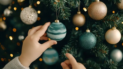 Child decorating a Christmas tree with ornaments.
