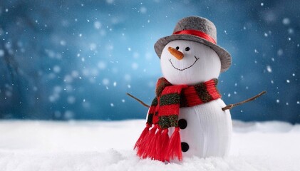 Obraz premium A cute Snowman in hat and scarf with Carrot Nose. Soft Snowfall. Snowflakes Background. Merry Christmas and Happy New Year Greeting Card. Winter background
