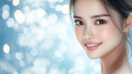 Naklejka premium A young, glowing Thai woman with natural makeup, smiling brightly with brown eyes, framed by a soft blue background, ideal for skincare or cosmetic messaging.