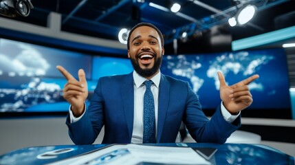 A cheerful news anchor presents the latest stories in a modern broadcasting studio during a live segment