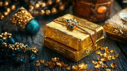 Elegant display of gold bars and jewelry arranged on a wooden surface, showcasing luxury and craftsmanship during a soft-lit setting