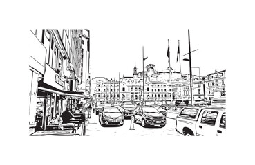 Obraz premium Print Building view with landmark of Valparaiso is a city in United States. Watercolor splash with hand drawn sketch illustration in vector.