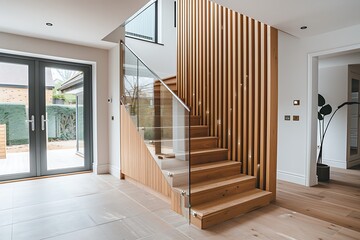 A modern staircase with oak steps, a glass balustrade, and a feature wall of exposed brick