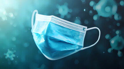 Protective mask floating in air with bacteria and viruses visible