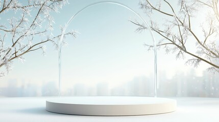 A serene, empty stage set in a winter landscape, framed by snowy branches, creating a tranquil and minimalist atmosphere.