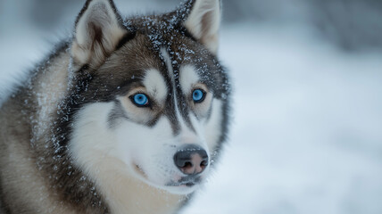 Naklejka premium A Siberian Husky in a snowy landscape with its piercing blue eyes and thick fur perfectly contrasting the snow