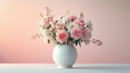 Naklejka premium 3D render of a delicate flower vase with pastel blooms, set against a pale background, capturing soft and serene tones