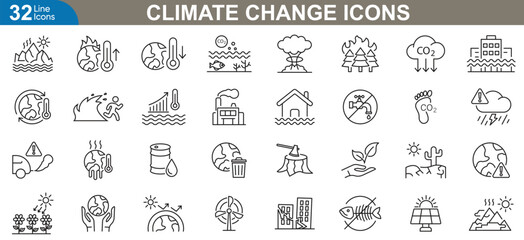 Climate change icons set. Global warming, earth pollution, deforestation, recycling, air pollution, renewable energy and more. vector illustration.