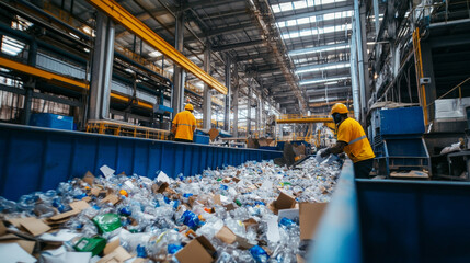 Recycling business sorting plastic, paper, and metal in a large facility, workers organizing the materials for processing