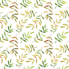 Colorful falling autumn leaves. Hand drawn watercolor illustration, seamless pattern on white background. For design, textile, paper, printing, souvenirs