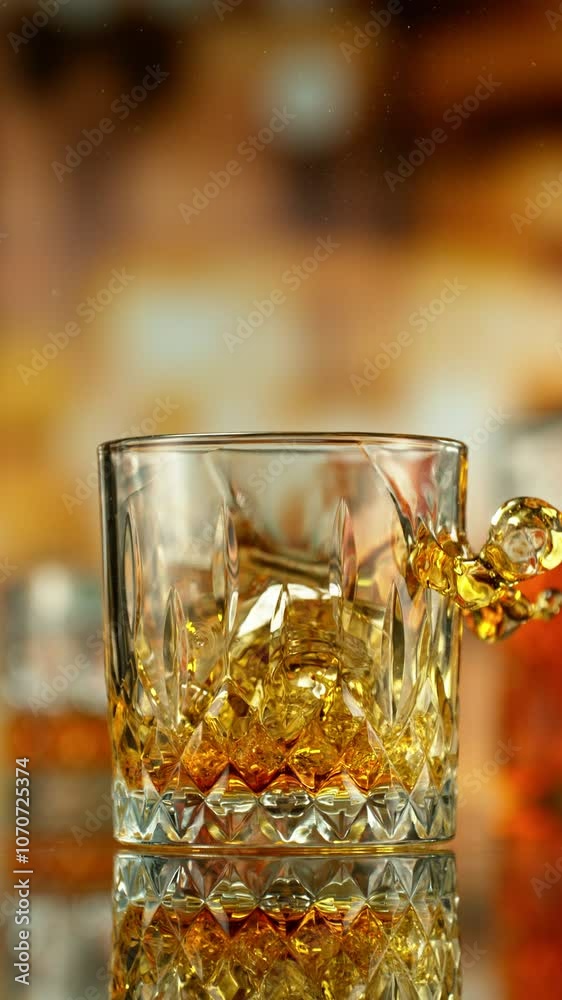 Poster super slow motion of falling ice into glass of whiskey. filmed on high speed cinema camera, 1000 fps