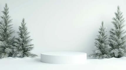 Fototapeta premium A serene winter scene featuring snow-covered trees flanking a circular platform against a plain white background.