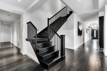 Fototapeta premium A sleek, all-black staircase with matte finish steps and railings, contrasting with white walls