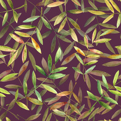 Colorful falling autumn leaves. Hand drawn watercolor illustration, seamless pattern on Italian plum background. For design, textile, paper and much more