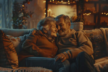 portrait of a senior couple sitting on the sofa, hugging, smiling. Family portrait of two women at home. still life. AI Generated