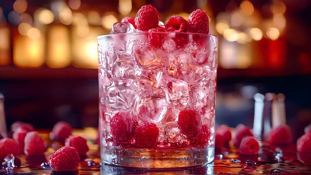 Close-up of a refreshing cocktail with raspberries and ice, surrounded by a warm, inviting bar atmosphere