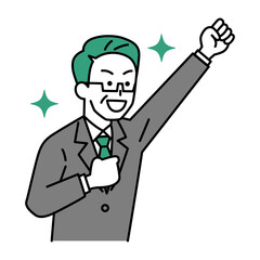 ガッツポーズで喜ぶ中年のスーツの男性