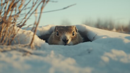 Obraz premium Curious groundhog emerging from snowy burrow in winter landscape