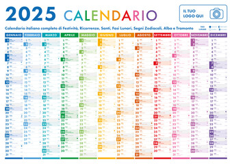 2025 Calendar - illustration. Template. Mock up. Italian version with Saints, Holidays, Lunar Phases and Zodiac Signs