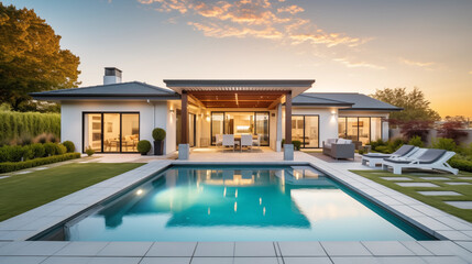Newly Built Beautiful House With a Swimming Pool at Sunset or Sunrise