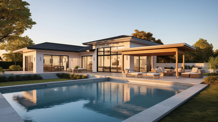 Fototapeta premium Newly Built Beautiful House With a Swimming Pool at Sunset or Sunrise