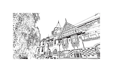 Obraz premium Print Building view with landmark of Valparaiso is a city in United States. Watercolor splash with hand drawn sketch illustration in vector.