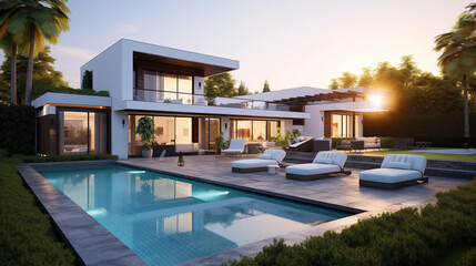 Fototapeta premium Newly Built Beautiful House With a Swimming Pool at Sunset or Sunrise