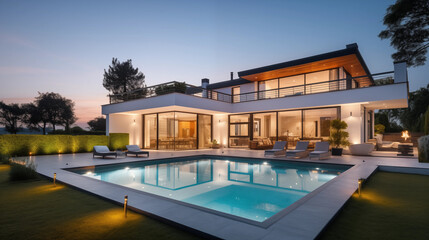 Fototapeta premium Newly Built Beautiful House With a Swimming Pool at Sunset or Sunrise
