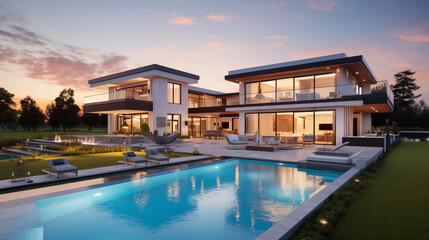 Newly Built Beautiful House With a Swimming Pool at Sunset or Sunrise