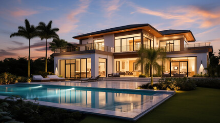 Fototapeta premium Newly Built Beautiful House With a Swimming Pool at Sunset or Sunrise