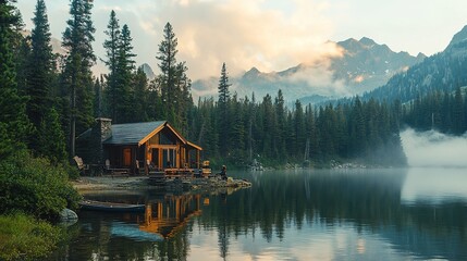 Fototapeta premium A vacation to a remote mountain lodge, with travelers enjoying hiking, fishing, and canoeing.