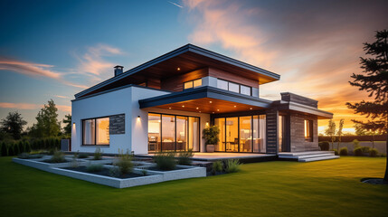 Newly Built Beautiful House At Sunset