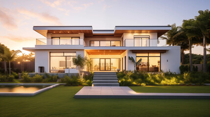 Newly Built Beautiful House At Sunset