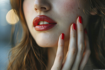 Naklejka premium woman with red lipstick make up. red lipstick close up. Make up for women, trendy cosmetics. Make up for parties. AI Generated
