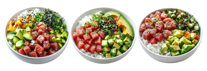 Fresh Poke Bowls with Colorful Ingredients and Rice