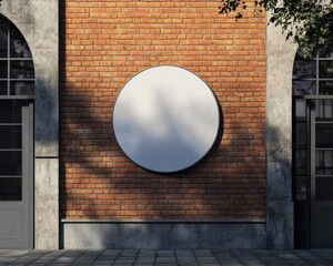 a circular signboard mockup on the brick wall