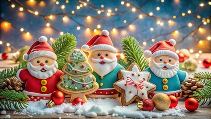 Delightful Santa Claus Shaped Christmas Cookies Surrounded by a Winter Wonderland of Fresh Snow and Festive Decorations Perfect for Holiday Celebrations and Seasonal Treats