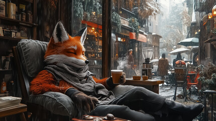 Cozy anthropomorphic fox enjoying coffee in a serene urban cafe setting, perfect for wall art, posters, or lifestyle decor inspired by winter leisure.