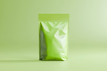 Mock up of one green foil zip bag on a mute green desk and wall background. For your design, presentation, promo, logo. Blank empty ziplock bag, space for brand name. Empty packaging, clipping path