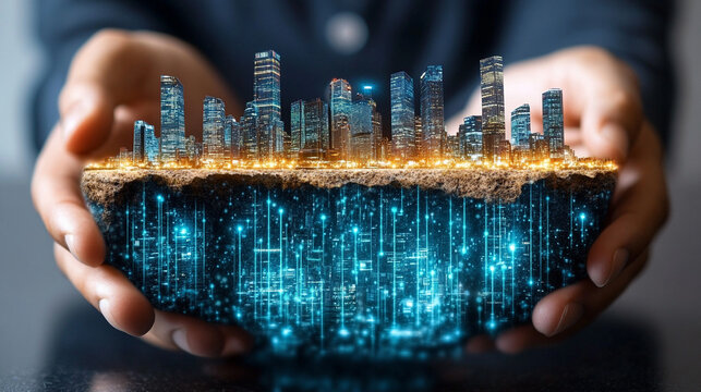 man holding a tablet displaying a digital city skyline, symbolizing technology's connection to urban development, innovation, and the future of smart cities and digital transformation
