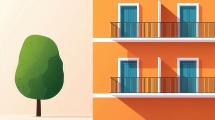 Isometric university dormitory, detailed balconies, student spaces, lively ambiance