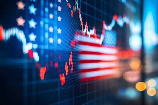 Stock market trends illustrated with American flag motifs in a financial district at night - Powered by Adobe