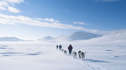 Adventure travelers on a dog sledding tour across the Arctic tundra.